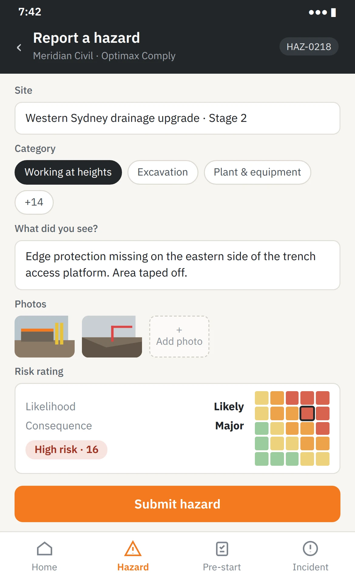 Reporting a hazard in Optimax Comply on a mobile phone, with photos and a 5×5 risk rating.